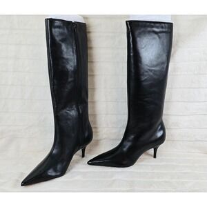AREZZO Skye Low Stiletto Boot Black Leather Pointed Toe Knee High Zip US 6.5B